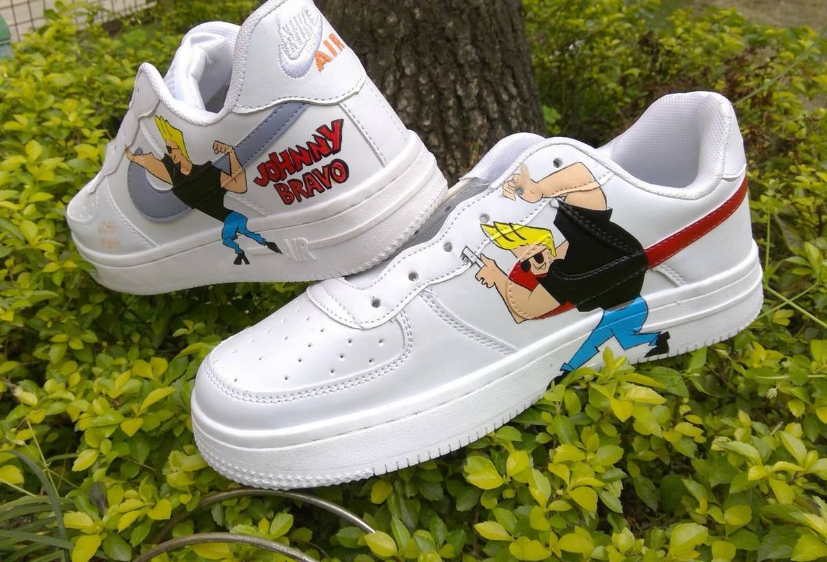 Johnny Bravo custom white Nike Air Force 1 cartoon artwork