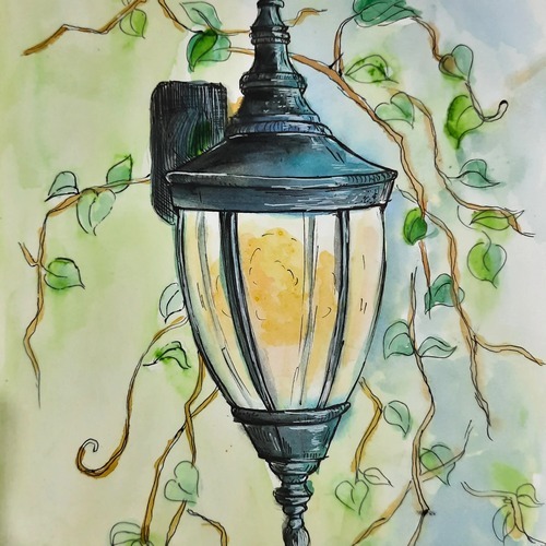 Watercolor lantern illustration with soft green shading