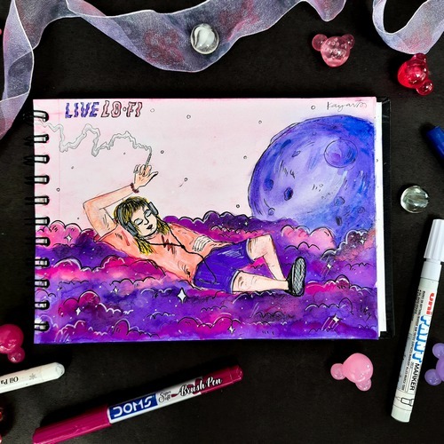 Purple lo-fi illustration of a girl floating in space