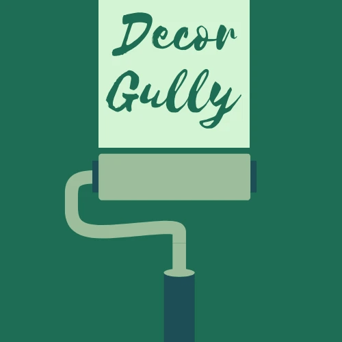 Vertical logo for Decor Gully with stylized home decor pipe graphic in green