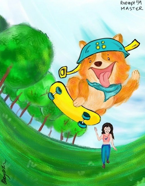 Cheerful cartoon master scene with floating character