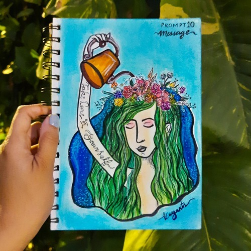 Green-haired mystical portrait illustration titled Message