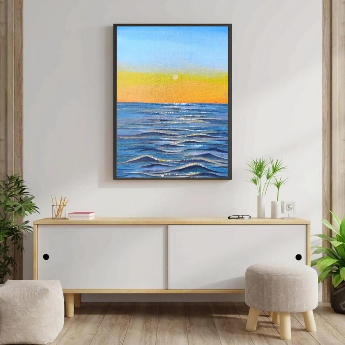 Minimalist framed wall art displayed in a clean modern room setting