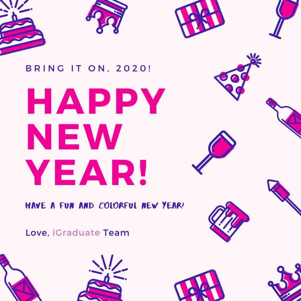 Happy New Year social media graphic with festive illustrations and typography