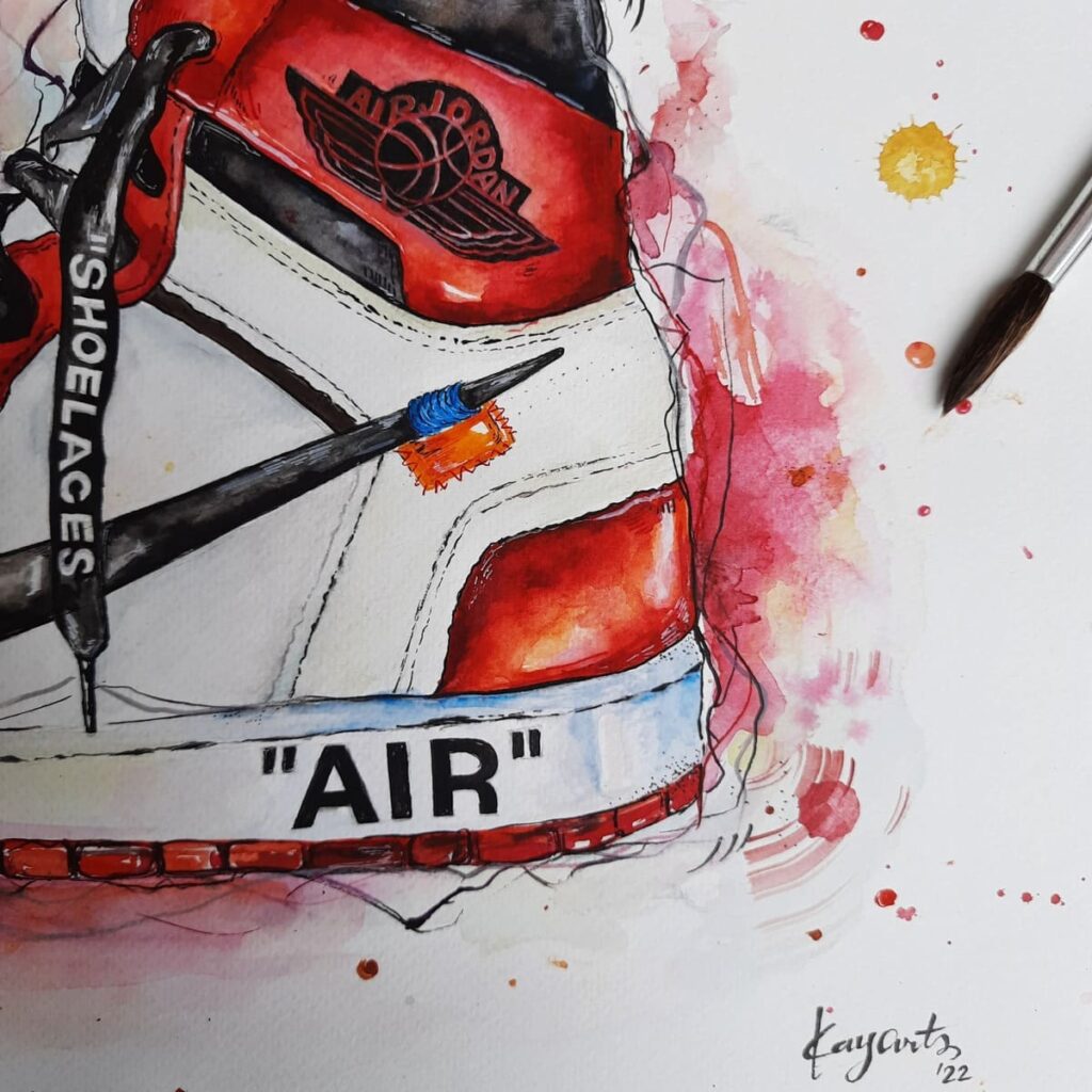 Watercolor painting of a Nike Air Jordan shoe with bold red accents