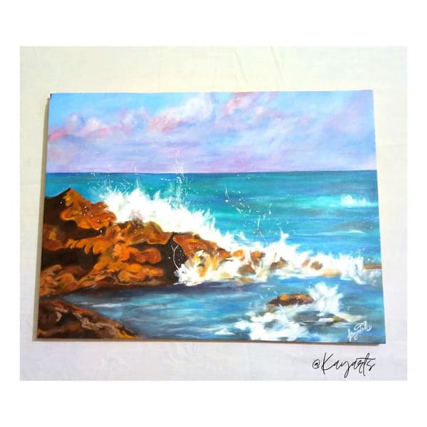 Ocean cliff landscape with soft clouds and calm water in acrylic style