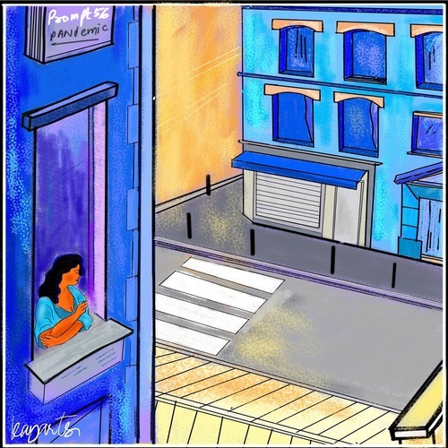 Empty city pandemic illustration viewed from an apartment window