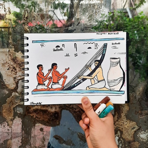 Ancient papyrus-inspired beach scene sketchbook drawing