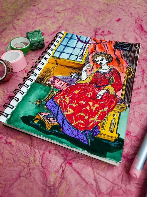 Cozy colorful parlour illustration with mixed media objects
