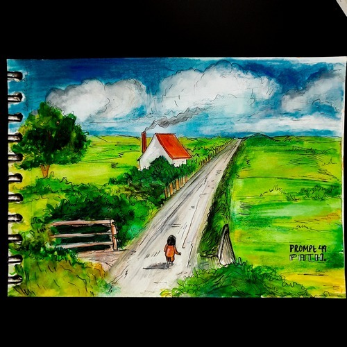 Bright countryside path landscape painting with clouds