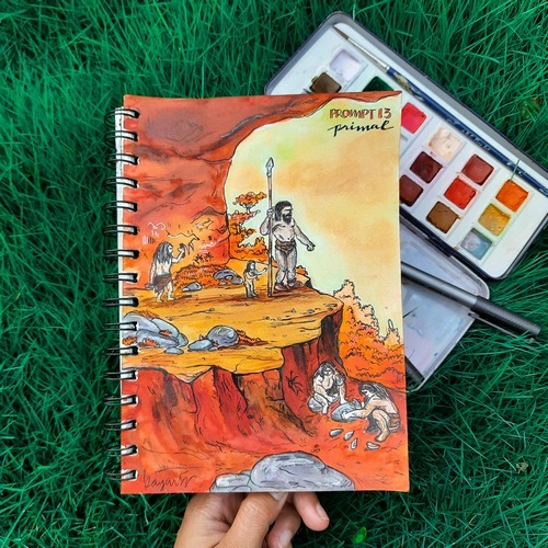 Fiery primal landscape illustration with orange skies