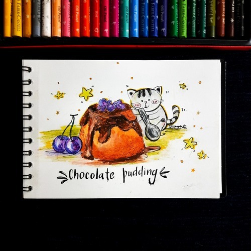 Warm pudding-themed still life illustration with crayons