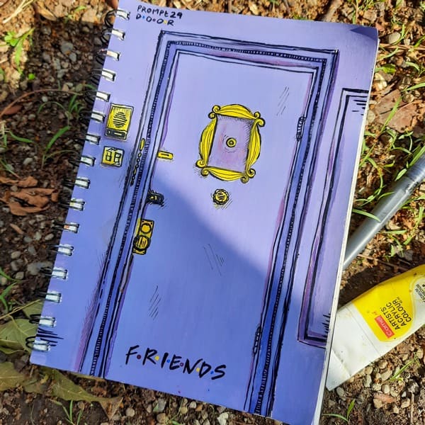 Minimalist purple door illustration with simple clean composition