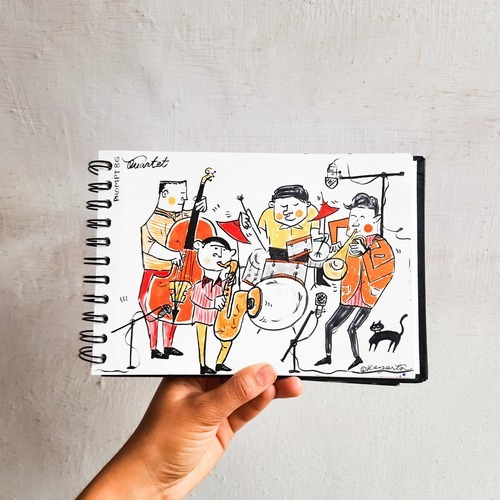 Chaotic quartet sketch featuring multiple cartoon characters