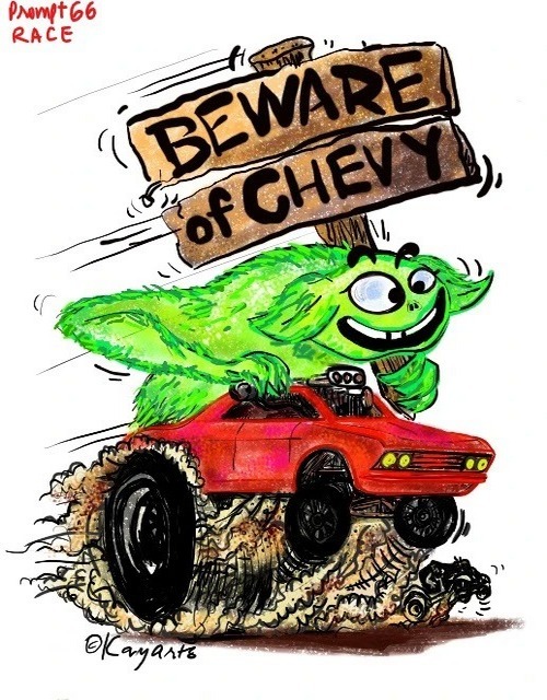Cartoon race car illustration with humorous green character