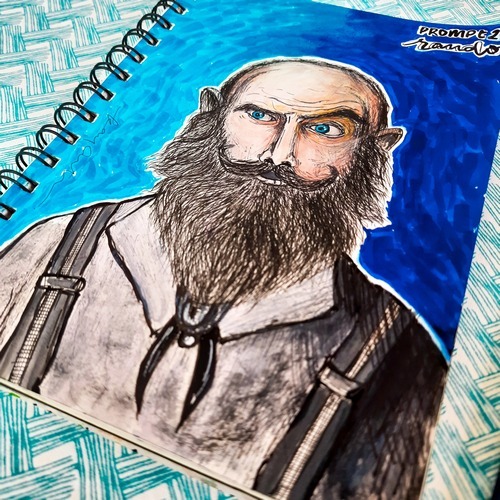 Portrait sketch of a bearded man in blue marker tones