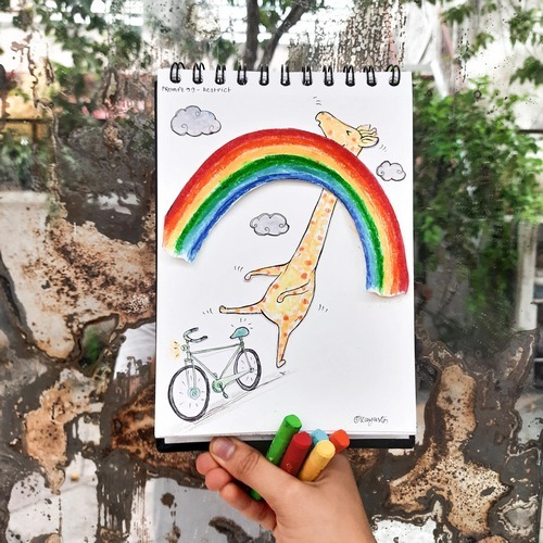 Rainbow-themed restriction illustration in sketchbook style