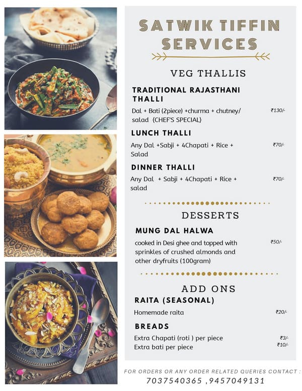 Satwik Tiffin Services menu design featuring Indian meal photography