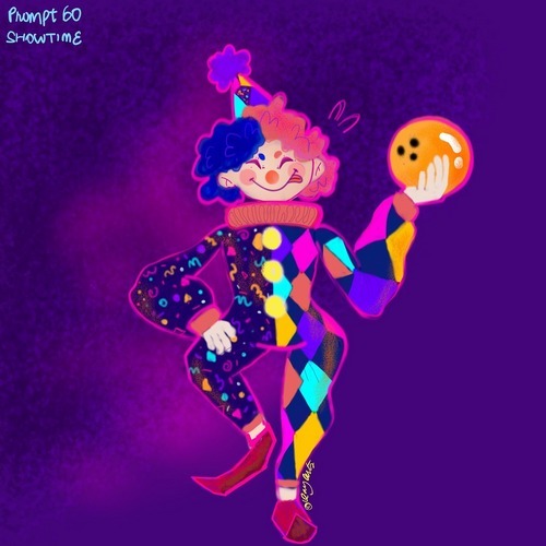 Vibrant purple showtime circus-inspired character illustration