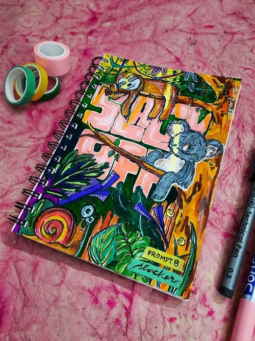 Colorful slacker desk scene illustration with sketchbook objects