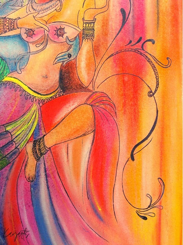 Close-up soft pastel abstract radha krishna painting with warm orange and pink tones