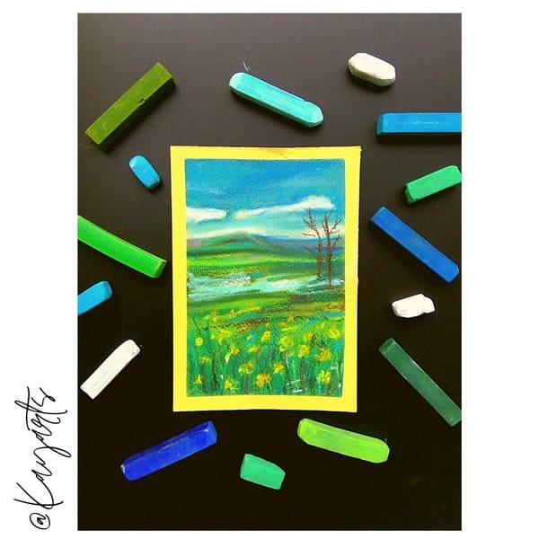 Soft pastel landscape painting featuring green fields and blue skies