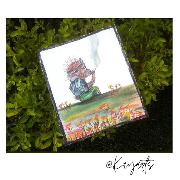 Soft pastel illustration of a seated ape in a grassy landscape with flowers