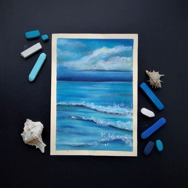 Soft pastel painting of ocean waves and seashells on a dark background