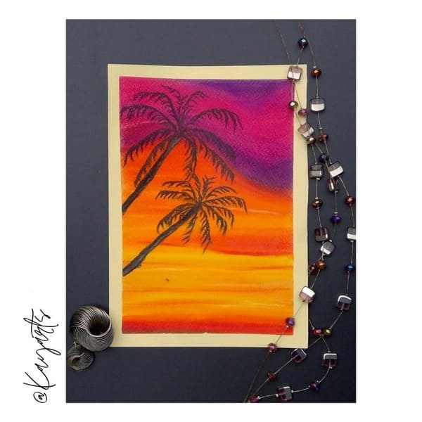Soft pastel artwork of palm trees silhouetted against a colorful sunset