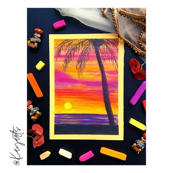 Tropical sunset soft pastel painting with palm trees and vibrant sunset colors