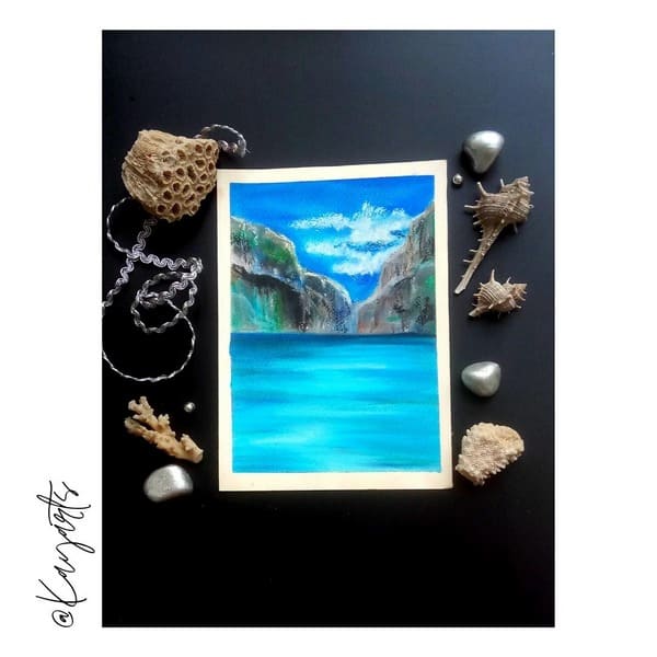 Soft pastel painting of a waterfall flowing into a calm blue lake