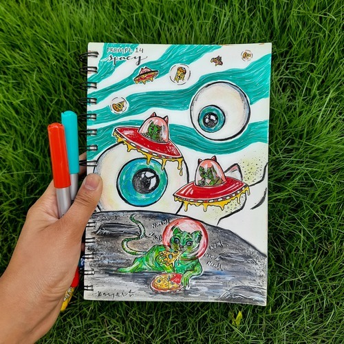 Funky alien-inspired spacy illustration with marker doodles