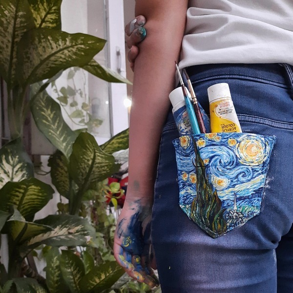 Denim pocket hand-painted with a Van Gogh Starry Night inspired artwork