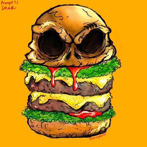 Surreal burger-and-skull steak-themed illustration