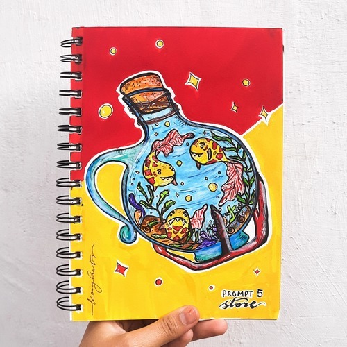 Red notebook store-themed potion bottle illustration