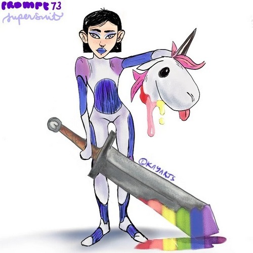 Humorous superhero riding a unicorn illustration