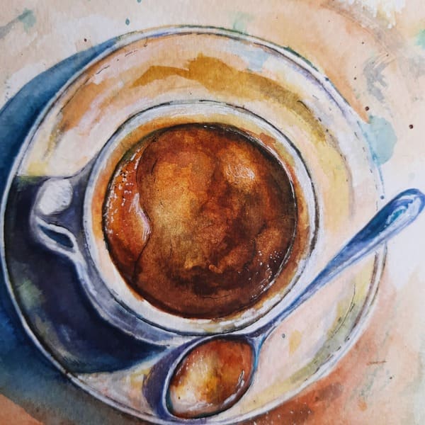 Top view watercolor painting of a cup of coffee with detailed texture