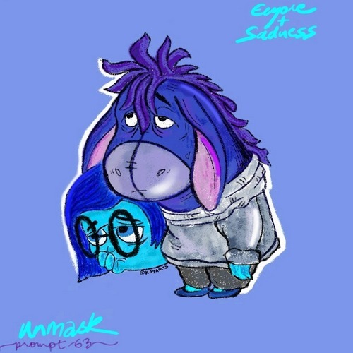 Sad blue donkey-inspired unmask character illustration
