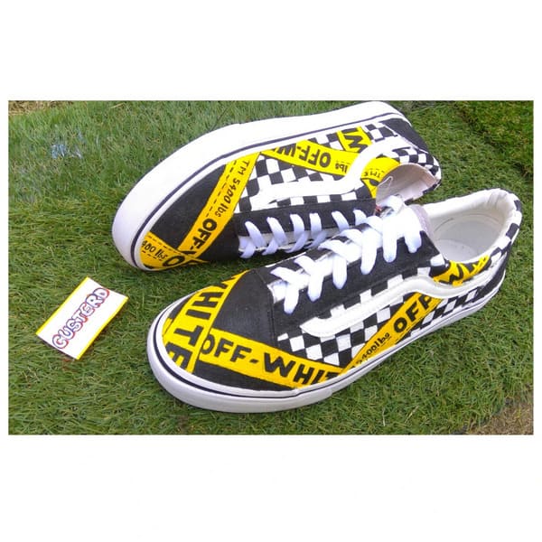 Vans off white custom sneakers yellow tape design pair