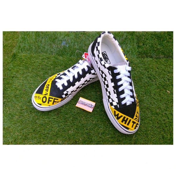 Vans off white custom sneakers yellow tape design