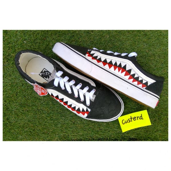 Vans shark pattern custom sneakers pair top view