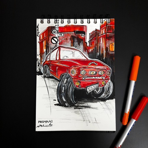 Red vehicle sketchbook drawing with marker accents