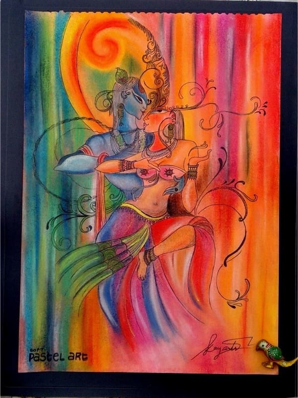 Detailed soft pastel radha krishna artwork with expressive colors and flowing forms