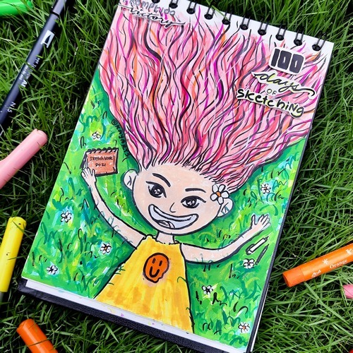 Close-up illustration of a pink-haired fantasy troll character