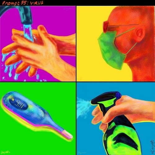 Vibrant virus-themed abstract digital artwork with colorful hands