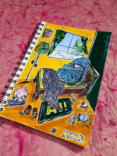Mixed media waking illustration with colorful desk objects