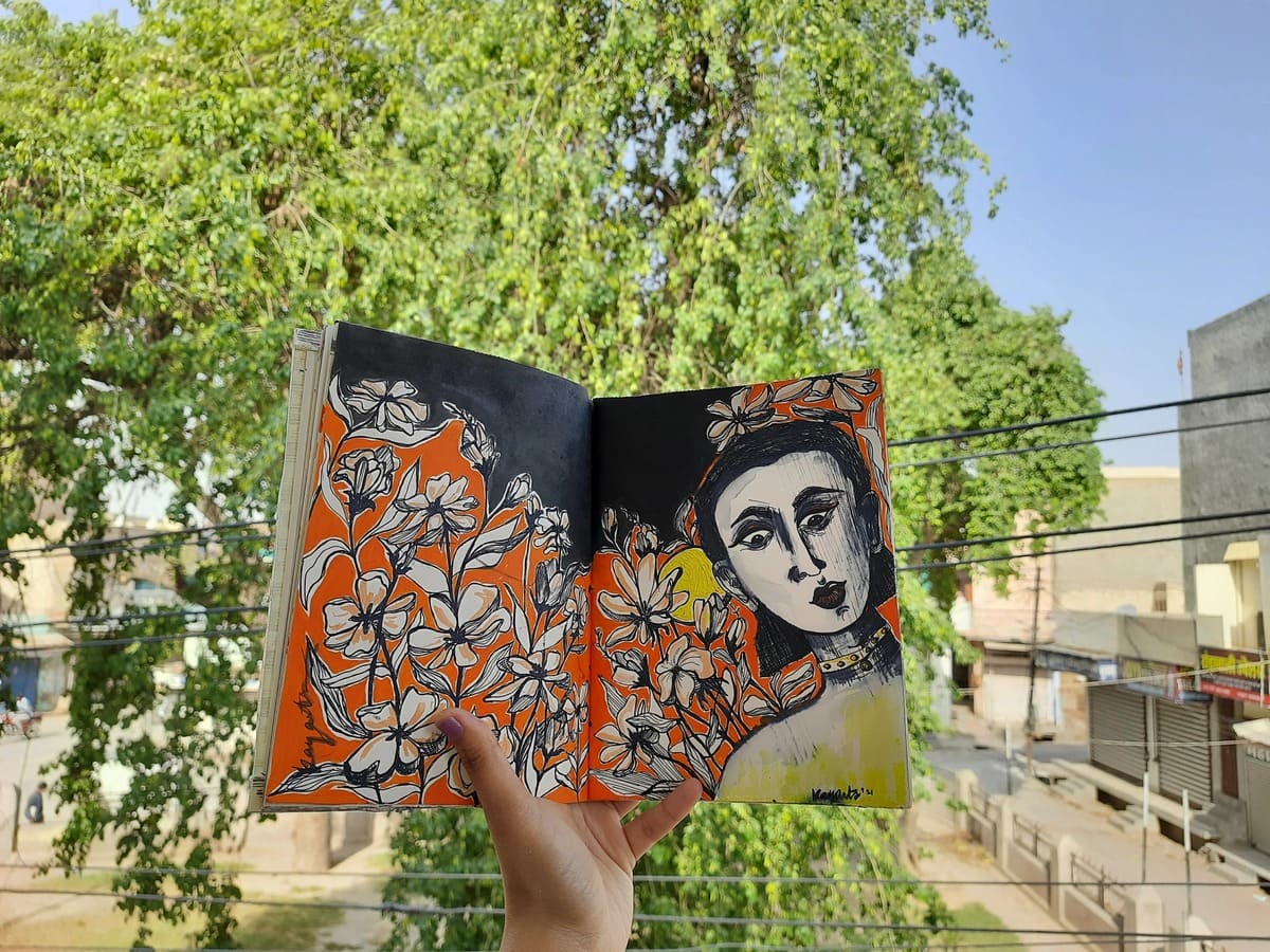 Watercolor artwork displayed as a mural on an outdoor wall in a natural setting
