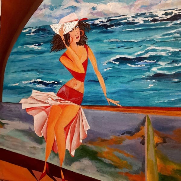 Woman looking at ocean waves in a colorful beach scene painting