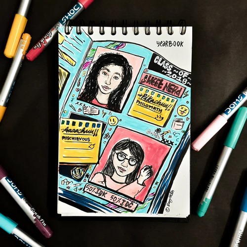 Yearbook-inspired identity card illustration in sketchbook style