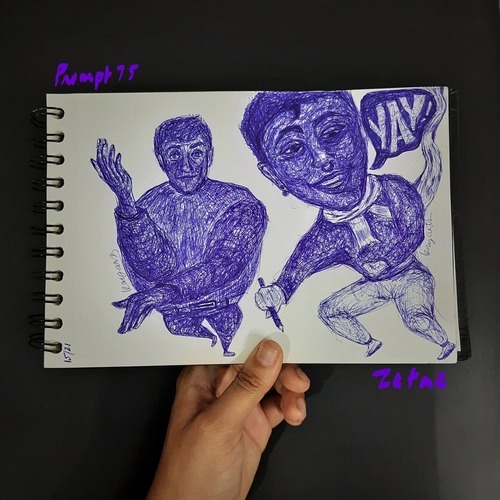Purple twin-character zeta illustration with marker shading